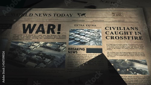 Lights moving on a news paper with war related texts and footage - 3D render photo