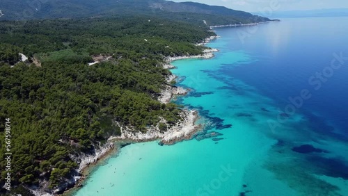 Secluded Sandy Beach Of Kavourotrypes, Known Also As Portokali (Orange Beach), In Halkidiki Peninsula, Greece. aerial  photo