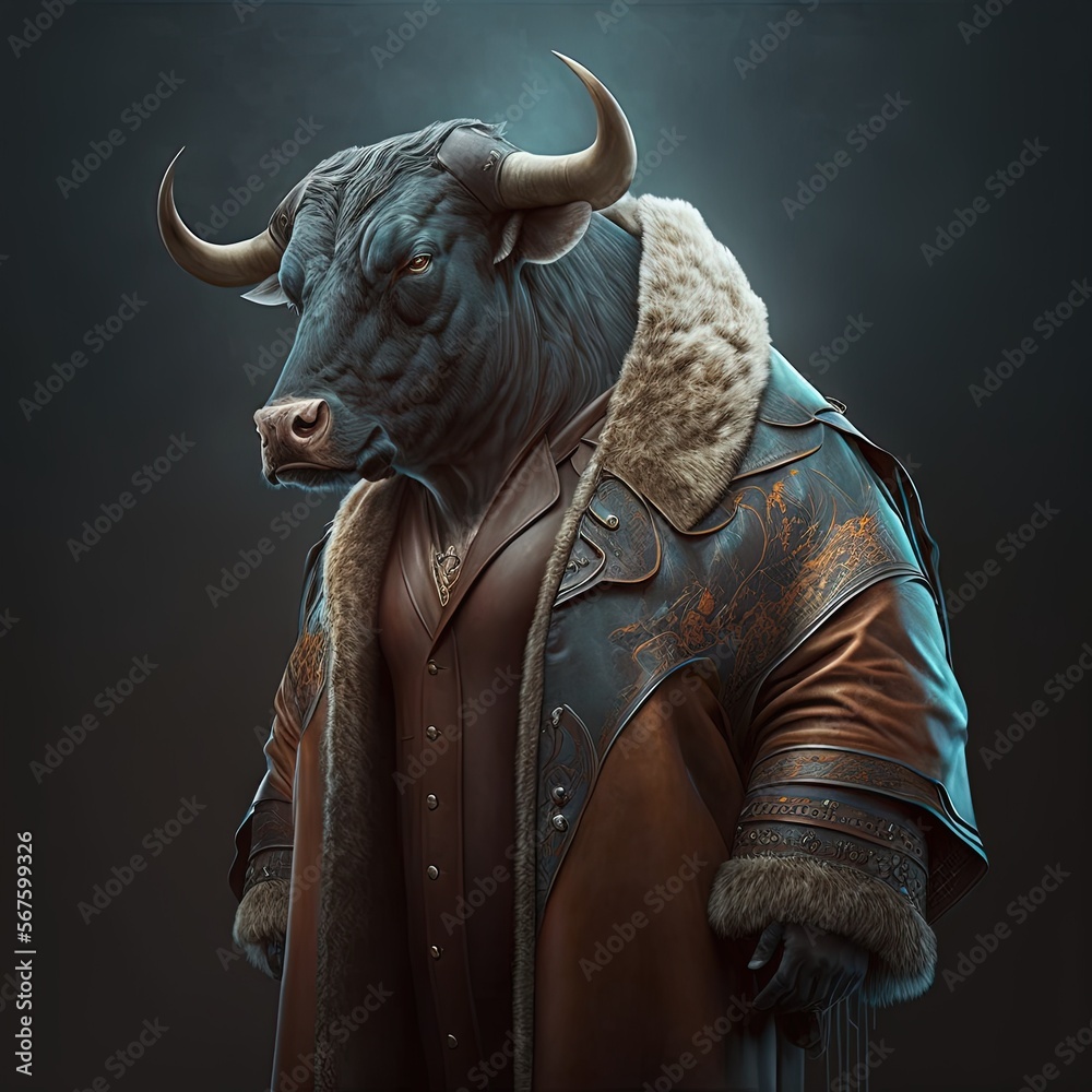 Bull wearing a human leather coat. Generative AI.