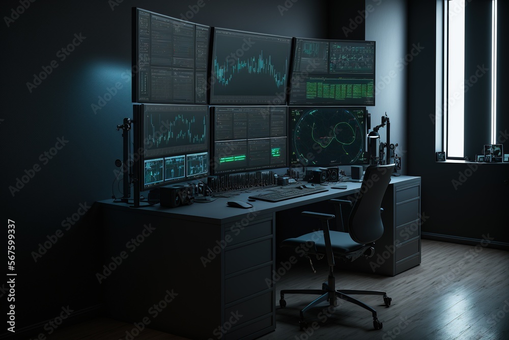 Dark room with many screens as a trading setup with charts on the screens. Generative AI. - obrazy, fototapety, plakaty 