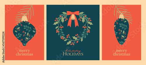 Christmas card templates with text "Merry Christmas", "Happy Holidays". Flat illustrations with wreath of winter plants, bell, christmas tree toys, pine branch. Winter greeting clip arts.