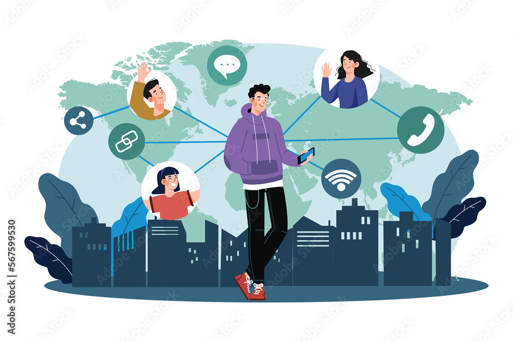 Fototapeta premium Connect Social Media Network Flowchart With Online Calls