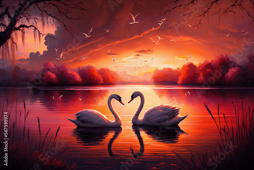 Beautiful swans love heart on sunset lake illustration. Valentine's day partners. 