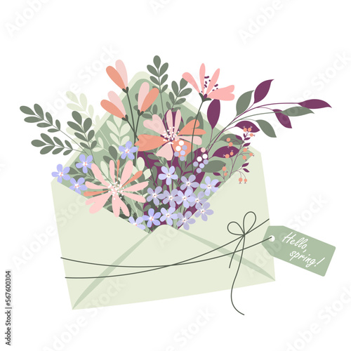 envelope with spring flowers and the inscription hello spring