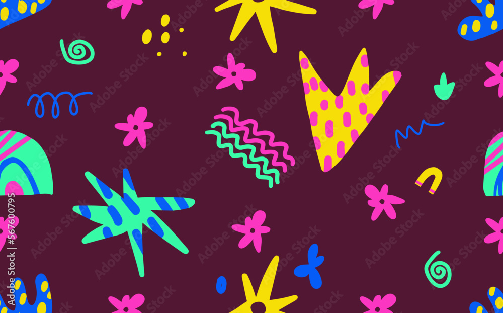 Trendy vector pattern with hand drawn dots, shapes, lines, scribbles and objects