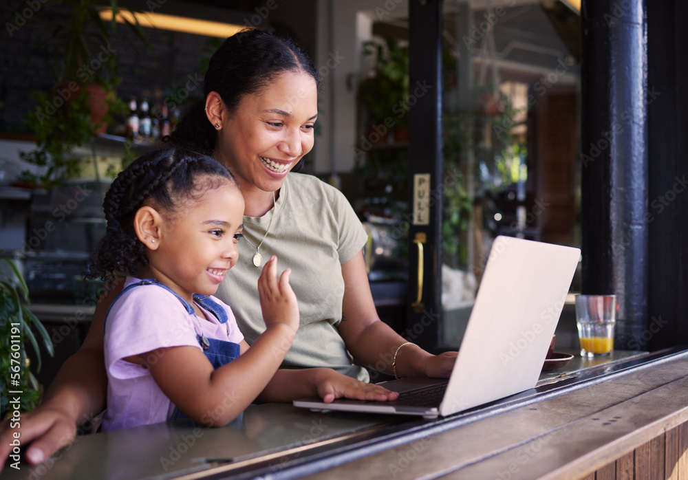 Fototapeta premium Mother, daughter and laptop for video call in cafe, greeting and conversation for quality time, relax or chatting. Love, mama or girl in coffee shop, online for connection or communication with smile