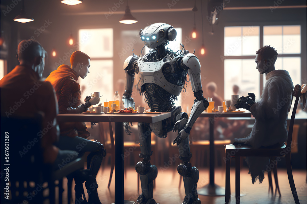 Artificial Intelligence Robot waiter serving customers in a restaurant or cafe. AI in Hotel