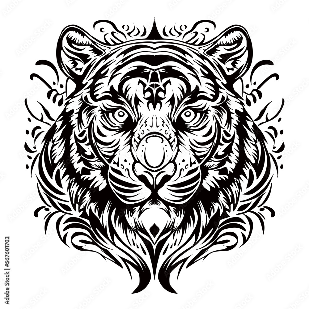 Angry Tiger Silhouette Outline Drawing