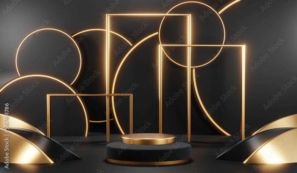3d render of abstract realistic studio room with Luxury round pedestal stand podium with golden glitter in shape backdrop. Luxury black friday sale scene for product display presentation background 3d render of abstract realistic studio room with Luxury round pedestal stand podium with golden glitter in shape backdrop. Luxury black friday sale scene for product display presentation background