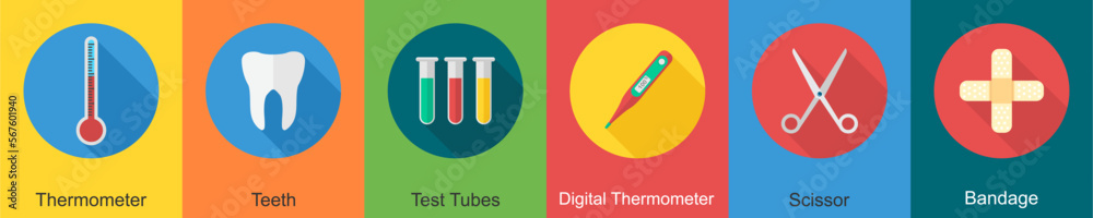 A set of 6 Medical icons as thermometer, teeth, test tubes A set of 6 Medical icons as thermometer, teeth, test tubes