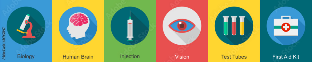 A set of 6 Medical icons as biology, human brain, injection