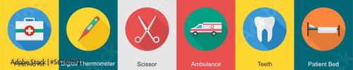 A set of 6 Medical icons as first aid kit, digital thermometer, scissor