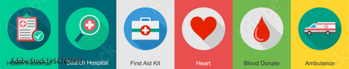 A set of 6 Medical icons as health insurance, search hospital, first aid kit