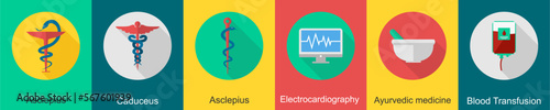 A set of 6 Medical icons as asclepius, caduceus, electrocardiography