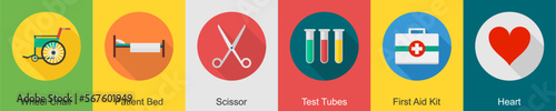 A set of 6 Medical icons as wheel chair, patient bed, scissor