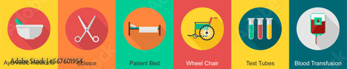 A set of 6 Medical icons as ayurvedic medicine, scissor, patient bed