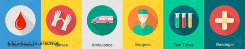 A set of 6 Medical icons as blood donate, gloves, ambulance