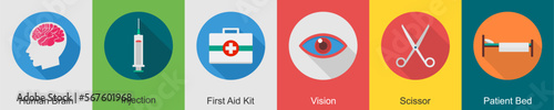 A set of 6 Medical icons as human brain, injection, first aid kit