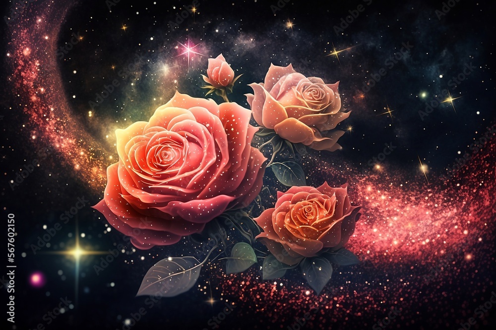 Roses on space with fairy dust for expression Made with Generative AI Roses on space with fairy dust for expression Made with Generative AI