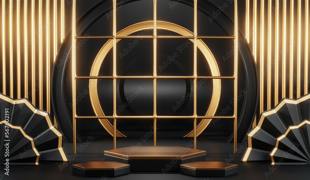 3d render of abstract realistic studio room with Luxury round pedestal stand podium with golden glitter in shape backdrop. Luxury black friday sale scene for product display presentation background