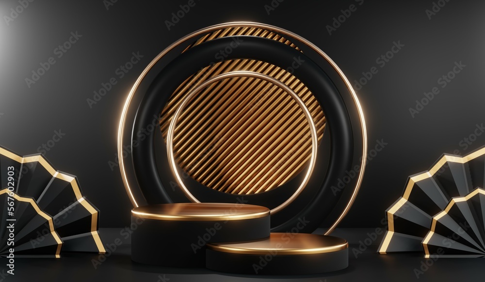 3d render of abstract realistic studio room with Luxury round pedestal stand podium with golden glitter in shape backdrop. Luxury black friday sale scene for product display presentation background