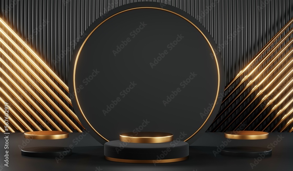 3d render of abstract realistic studio room with Luxury round pedestal stand podium with golden glitter in shape backdrop. Luxury black friday sale scene for product display presentation background 3d render of abstract realistic studio room with Luxury round pedestal stand podium with golden glitter in shape backdrop. Luxury black friday sale scene for product display presentation background