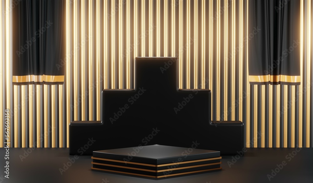 3d render of abstract realistic studio room with Luxury round pedestal stand podium with golden glitter in shape backdrop. Luxury black friday sale scene for product display presentation background 3d render of abstract realistic studio room with Luxury round pedestal stand podium with golden glitter in shape backdrop. Luxury black friday sale scene for product display presentation background