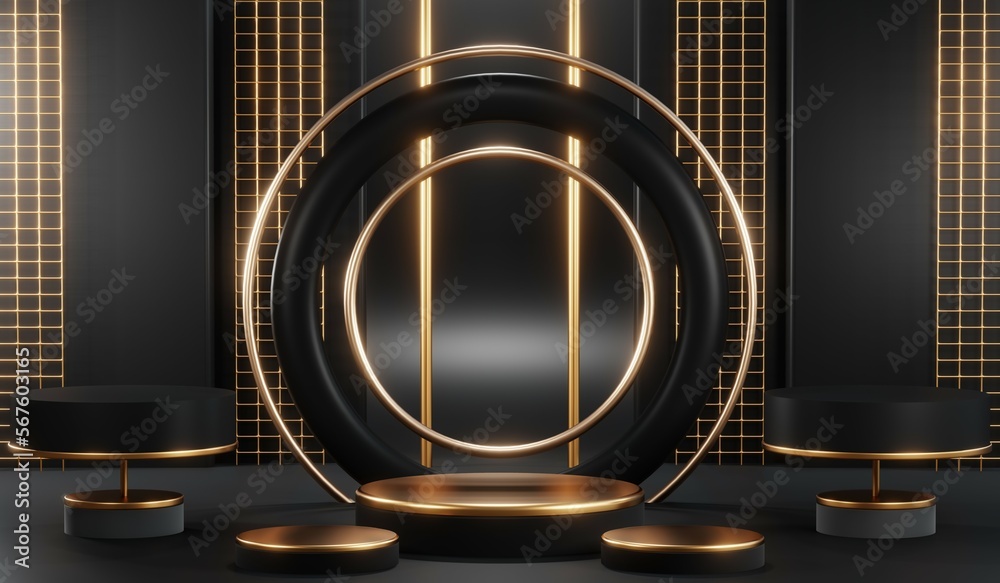 3d render of abstract realistic studio room with Luxury round pedestal stand podium with golden glitter in shape backdrop. Luxury black friday sale scene for product display presentation background