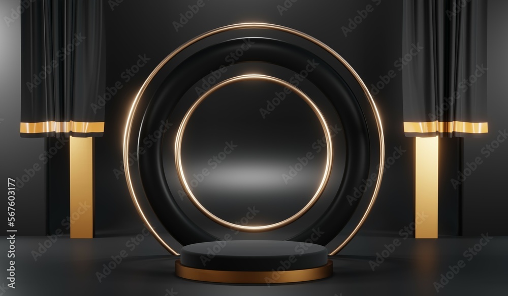 3d render of abstract realistic studio room with Luxury round pedestal stand podium with golden glitter in shape backdrop. Luxury black friday sale scene for product display presentation background