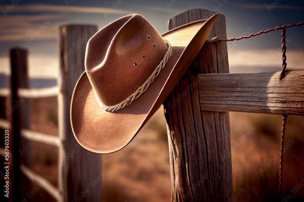 Cowboy Hat Hung on a Fence at Sunset in Southern Oklahoma  Stock-Illustration | Adobe Stock