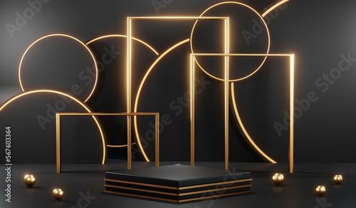 3d render of abstract realistic studio room with Luxury round pedestal stand podium with golden glitter in shape backdrop. Luxury black friday sale scene for product display presentation background © Thares2020