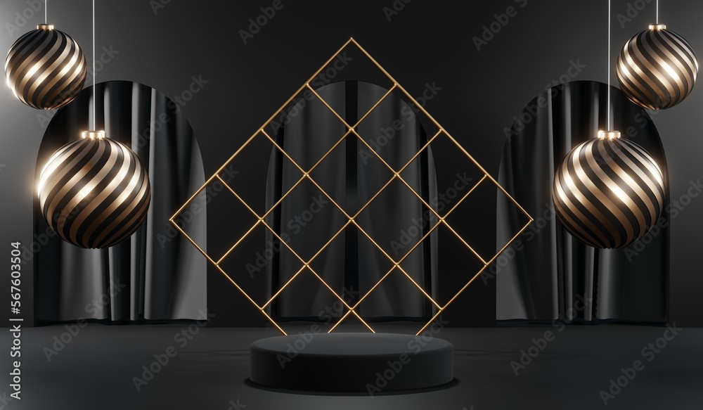 3d render of abstract realistic studio room with Luxury round pedestal stand podium with golden glitter in shape backdrop. Luxury black friday sale scene for product display presentation background 3d render of abstract realistic studio room with Luxury round pedestal stand podium with golden glitter in shape backdrop. Luxury black friday sale scene for product display presentation background