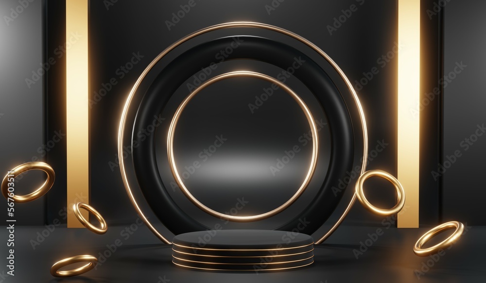 3d render of abstract realistic studio room with Luxury round pedestal stand podium with golden glitter in shape backdrop. Luxury black friday sale scene for product display presentation background 3d render of abstract realistic studio room with Luxury round pedestal stand podium with golden glitter in shape backdrop. Luxury black friday sale scene for product display presentation background