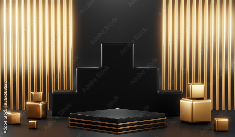 3d render of abstract realistic studio room with Luxury round pedestal stand podium with golden glitter in shape backdrop. Luxury black friday sale scene for product display presentation background 3d render of abstract realistic studio room with Luxury round pedestal stand podium with golden glitter in shape backdrop. Luxury black friday sale scene for product display presentation background