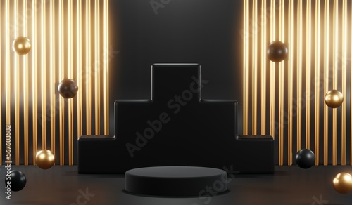 Wallpaper Mural 3d render of abstract realistic studio room with Luxury round pedestal stand podium with golden glitter in shape backdrop. Luxury black friday sale scene for product display presentation background Torontodigital.ca