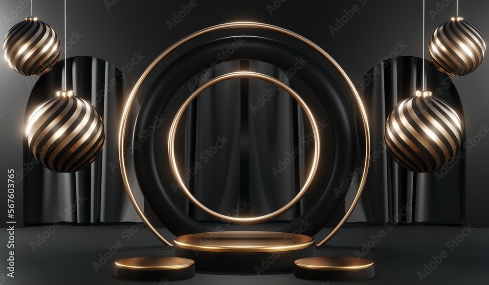 3d render of abstract realistic studio room with Luxury round pedestal stand podium with golden glitter in shape backdrop. Luxury black friday sale scene for product display presentation background 3d render of abstract realistic studio room with Luxury round pedestal stand podium with golden glitter in shape backdrop. Luxury black friday sale scene for product display presentation background