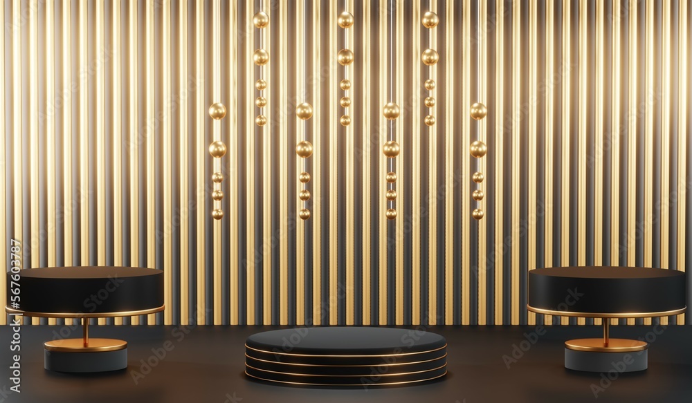 3d render of abstract realistic studio room with Luxury round pedestal stand podium with golden glitter in shape backdrop. Luxury black friday sale scene for product display presentation background 3d render of abstract realistic studio room with Luxury round pedestal stand podium with golden glitter in shape backdrop. Luxury black friday sale scene for product display presentation background