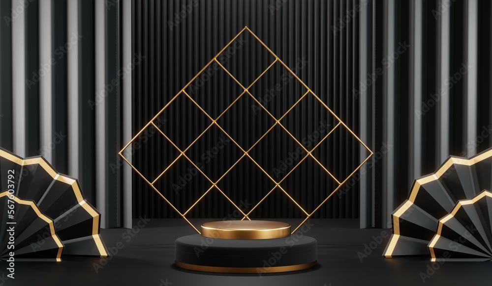 3d render of abstract realistic studio room with Luxury round pedestal stand podium with golden glitter in shape backdrop. Luxury black friday sale scene for product display presentation background 3d render of abstract realistic studio room with Luxury round pedestal stand podium with golden glitter in shape backdrop. Luxury black friday sale scene for product display presentation background