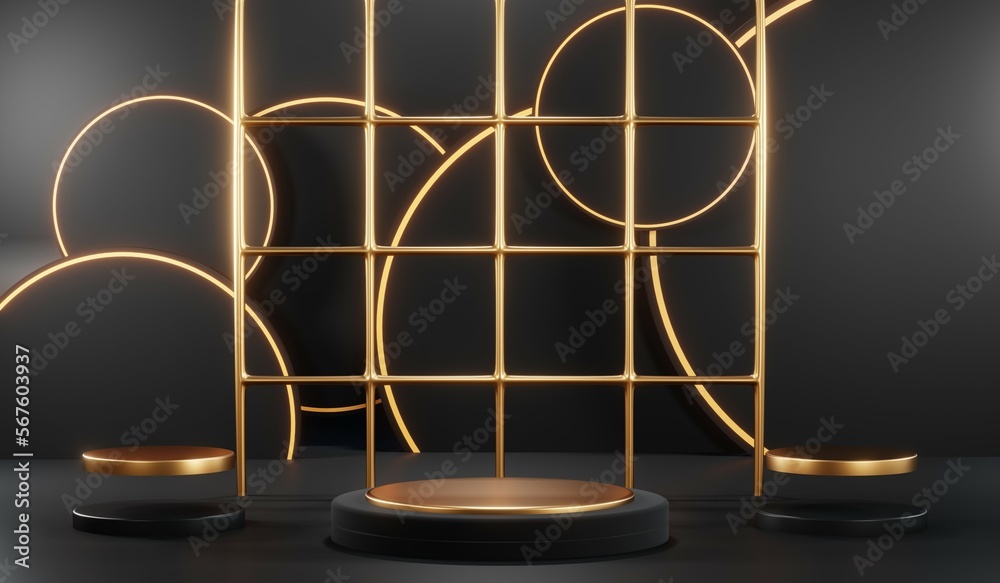 3d render of abstract realistic studio room with Luxury round pedestal stand podium with golden glitter in shape backdrop. Luxury black friday sale scene for product display presentation background