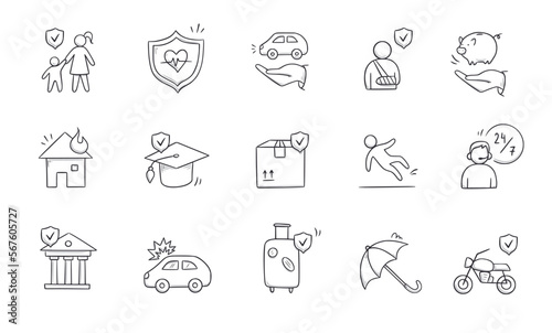 Insurance doodle icon set. Hand drawn sketch life shield, insurance umbrella, medical safety icon set. Health safety, car accident, house protect vector illustration.