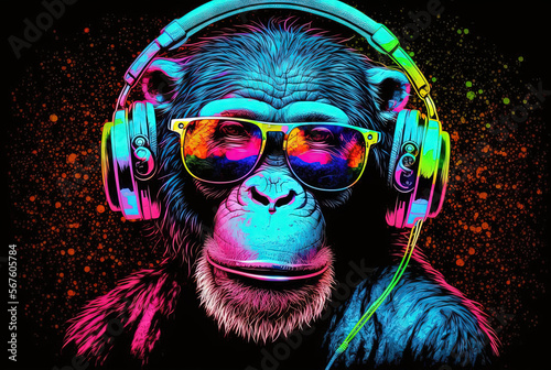 Cool neon party dj monkey in headphones and sunglasses