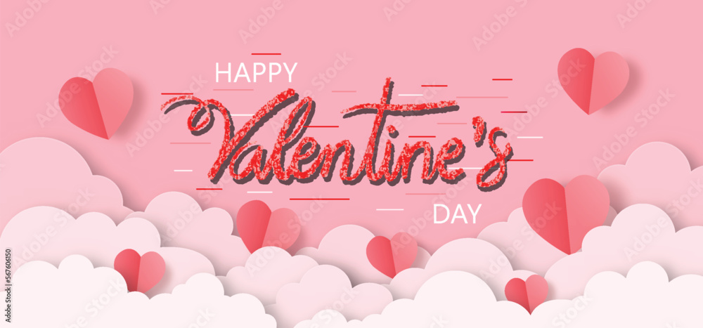 Happy Valentine's day. Text hand lettering typography poster on pink background. Papercut style. Vector illustration.