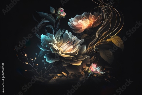 Beautiful glowing flowers illustrations art design for poster, print or digital, isolated in black background, the flowers glowing lines look so stunning generative ai