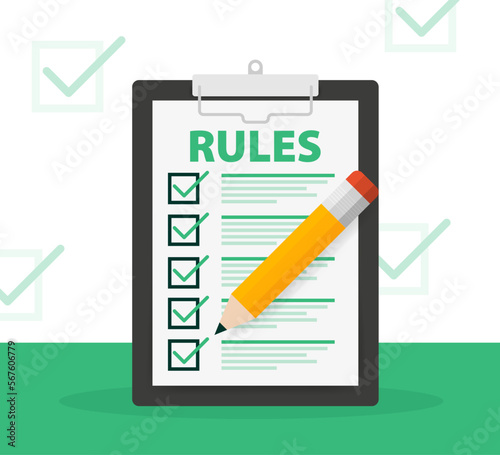 Rules, Checklist with requirements. Principles and strategy. Vector illustration.