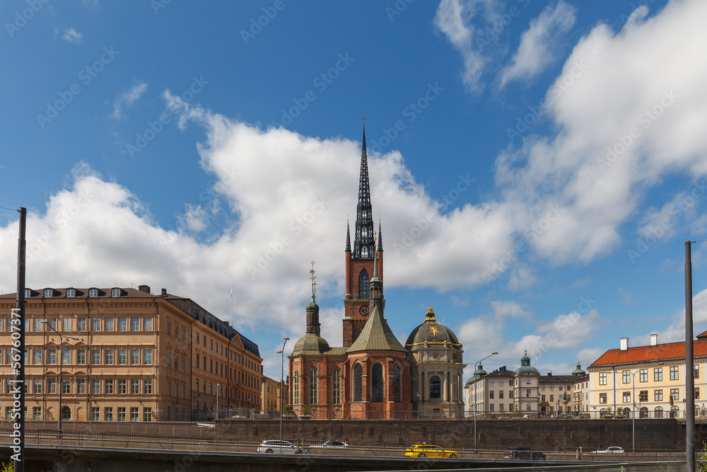 Riddarholmen Church and ornamented spire with scenic street view