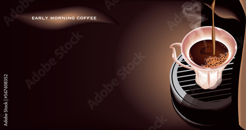 vector illustration with a porcelain cup of coffee on the coffee machine on the dark brown background.