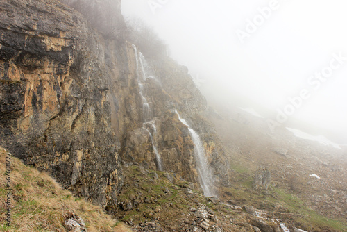 A beautiful waterfall in the fog near the village of Laza. Azerbaijan.