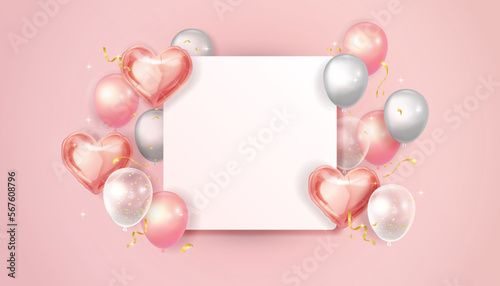 Heart shaped and round balloons on pink background, pink, silver and transparent balloons surround square paper card