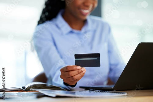 Hands, credit card or laptop for online payment, investment banking or company insurance on fintech business app. Zoom, black woman or finance worker on technology in debit order or financial budget