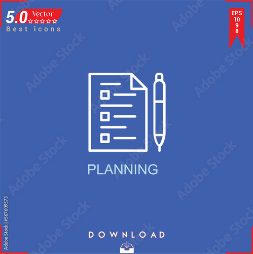 PLANİNG icon vector on blue background. Simple, isolated, flat icons, icons, apps, logos, website design or mobile apps for business marketing management,
UI UX design Editable stroke.EPS10